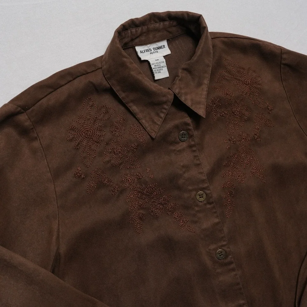 Alfred Dunner Shirt Womens 12P Brown Faux Suede Embroidered Petite Button Up